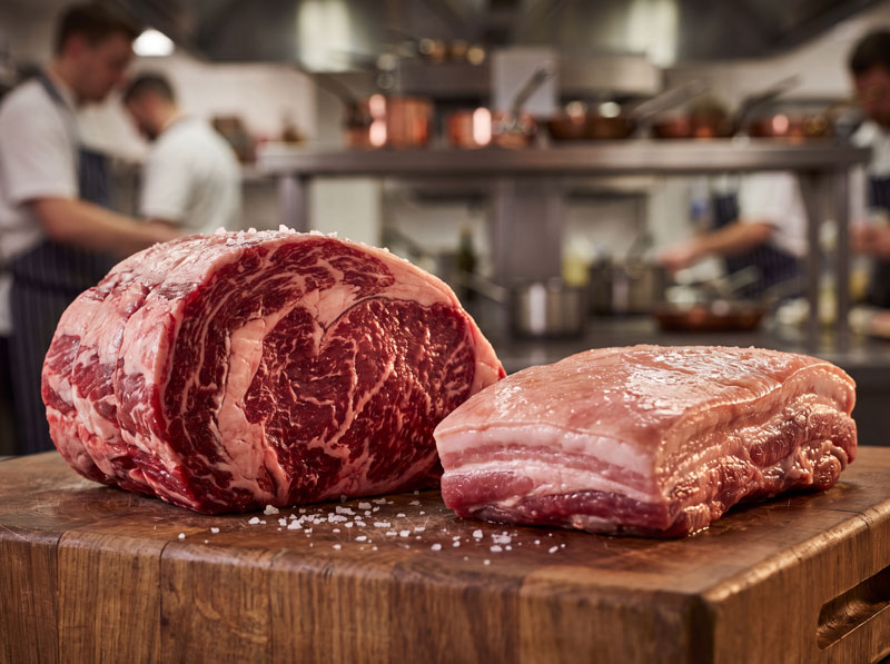 Locally sourced Boxley's butcher Sunday roast meat in Wombourne village
